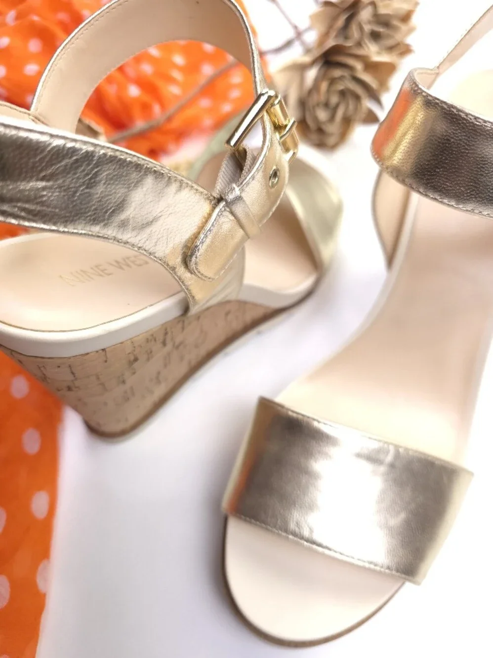 Metallic Gold Wedge Sandals with Ankle Strap Sz 9.5